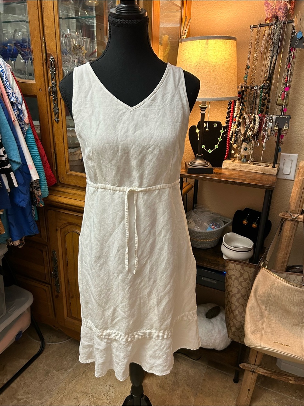 Sleeveless White Linen Blend Tie-Waist Dress